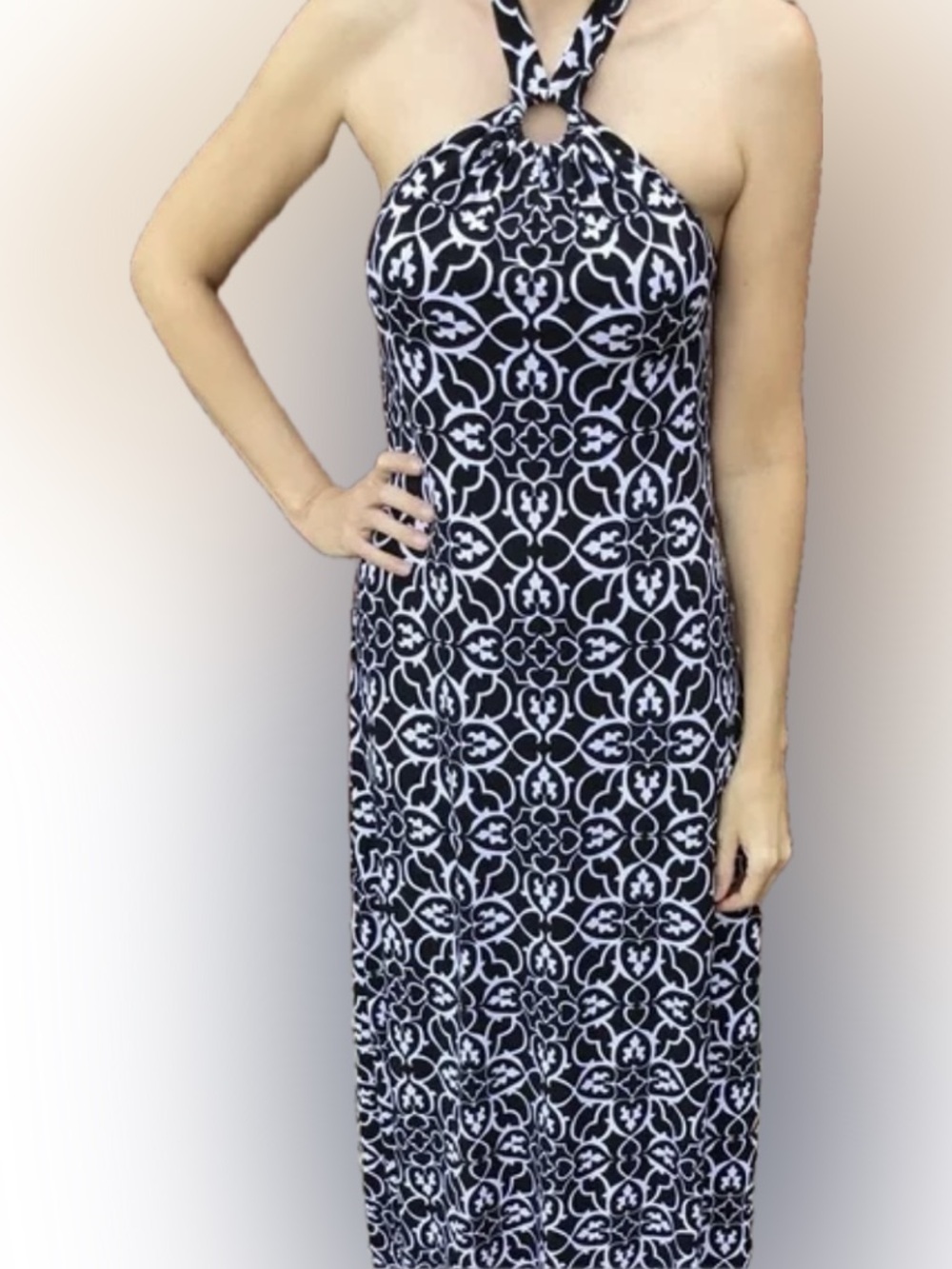 White House Black Market Black Ring-Neck Halter, Tile Print Dress, EUC, Sz. M